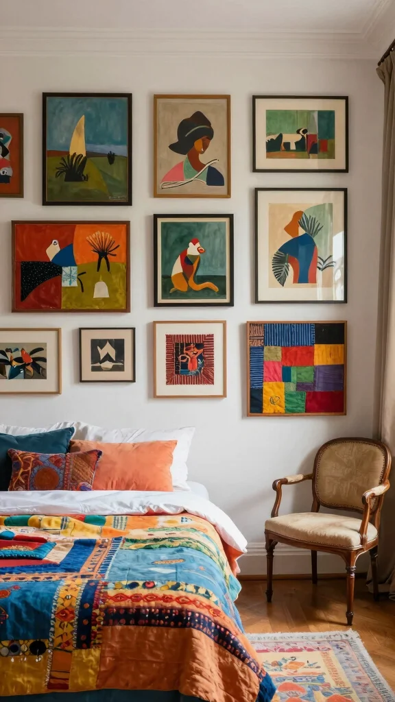 12 Bedroom Feature Wall Ideas for a Focal Point That Defines the Room - 8. Upcycled Art Gallery 1