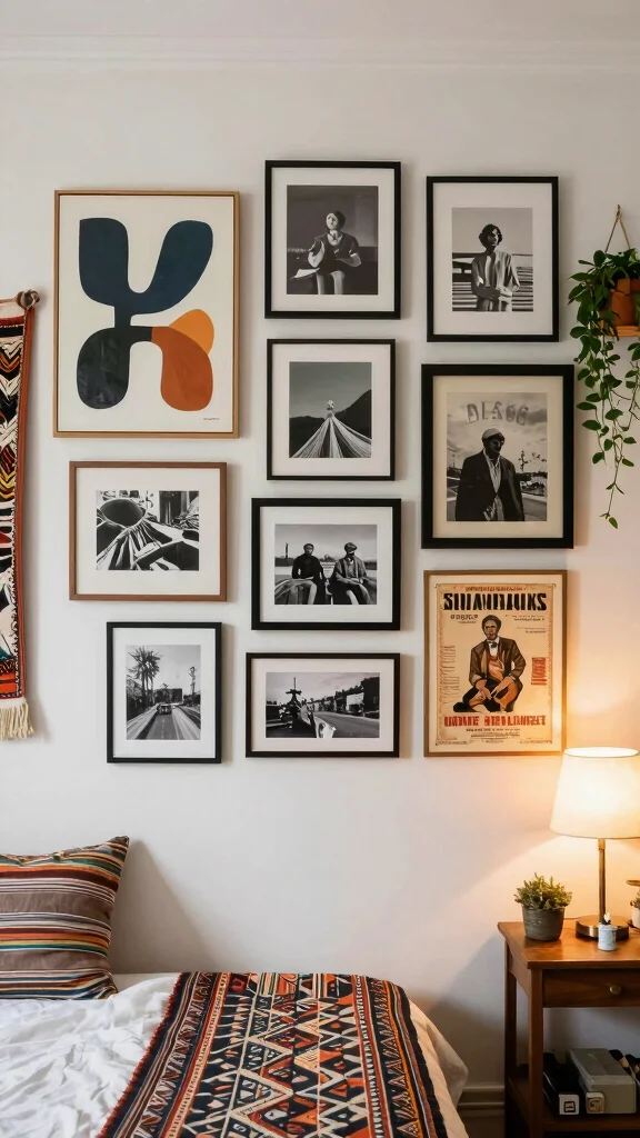 12 Bedroom Gallery Wall Ideas for a Curated Personal Wall Display - 1. Eclectic Art Mix 1