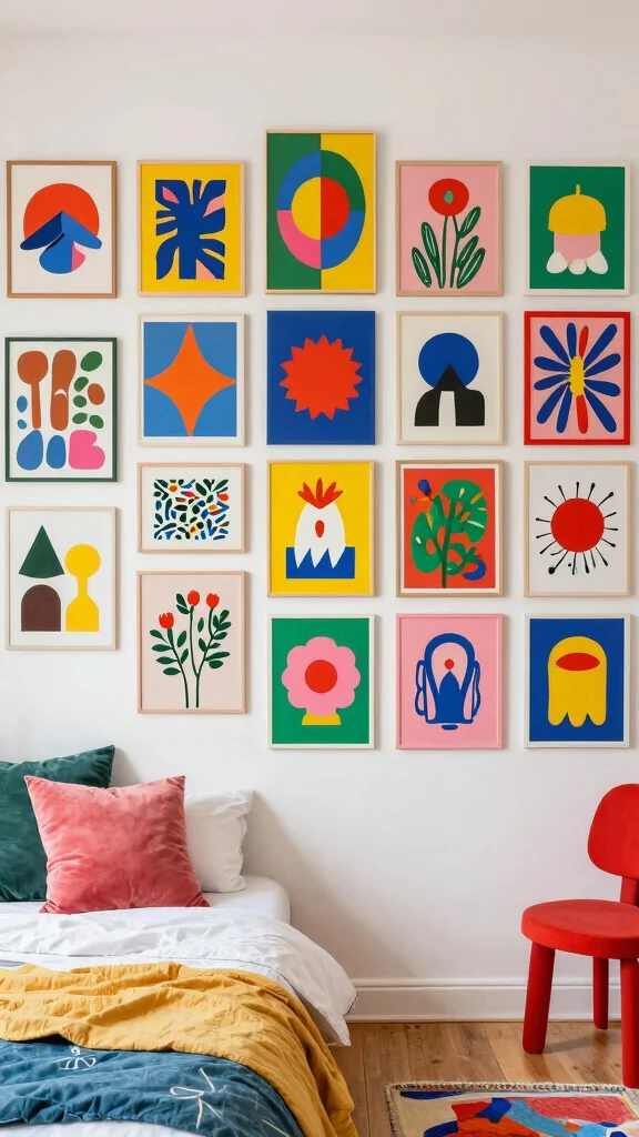 12 Bedroom Gallery Wall Ideas for a Curated Personal Wall Display - 11. Colorful Collage 1