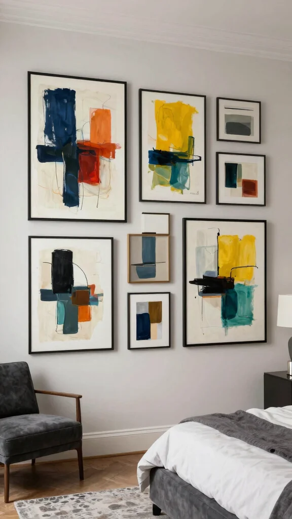 12 Bedroom Gallery Wall Ideas for a Curated Personal Wall Display - 6. Modern Art Vibes 1