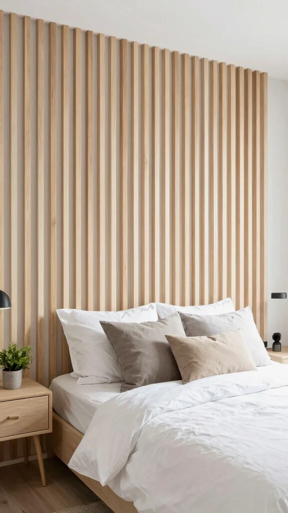 12 Bedroom Headboard Wall Concepts for a Styled Statement Focal Point - 12. Minimalist Slat Wall 1