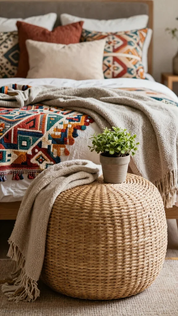 12 Bedroom Ottoman Ideas for the Foot of the Bed and Extra Seating - 1. Woven Rattan Charm 1