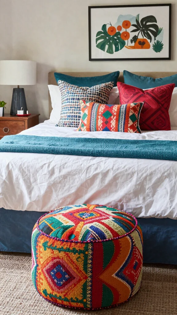 12 Bedroom Ottoman Ideas for the Foot of the Bed and Extra Seating - 8. Colorful Textile Wonders 1