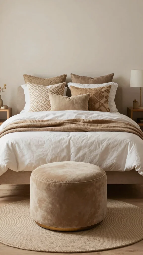 12 Bedroom Ottoman Ideas for the Foot of the Bed and Extra Seating - 9. Round Ottoman Delight 1