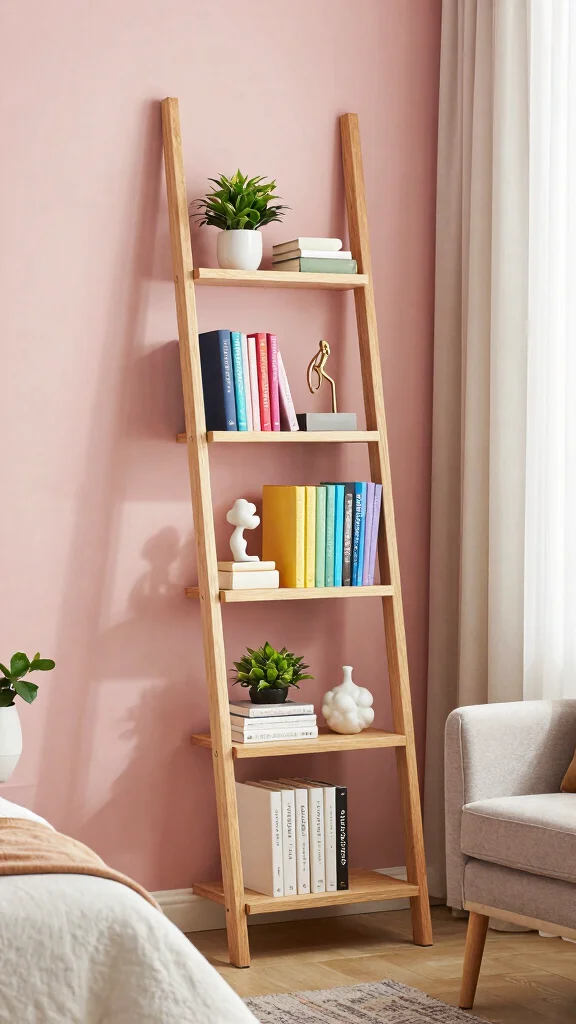 12 Bedroom Shelf Ideas for Books Decor and Organized Storage - 2. Ladder Shelves: An Artistic Touch 1
