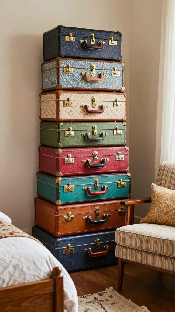 12 Bedroom Shelf Ideas for Books Decor and Organized Storage - 7. Vintage Suitcase Storage: Quirky Charm 1