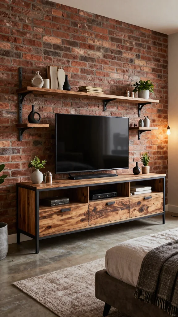 12 Bedroom TV Unit Design Ideas for a Sleek Functional Media Wall - 4. Industrial Chic Designs 1