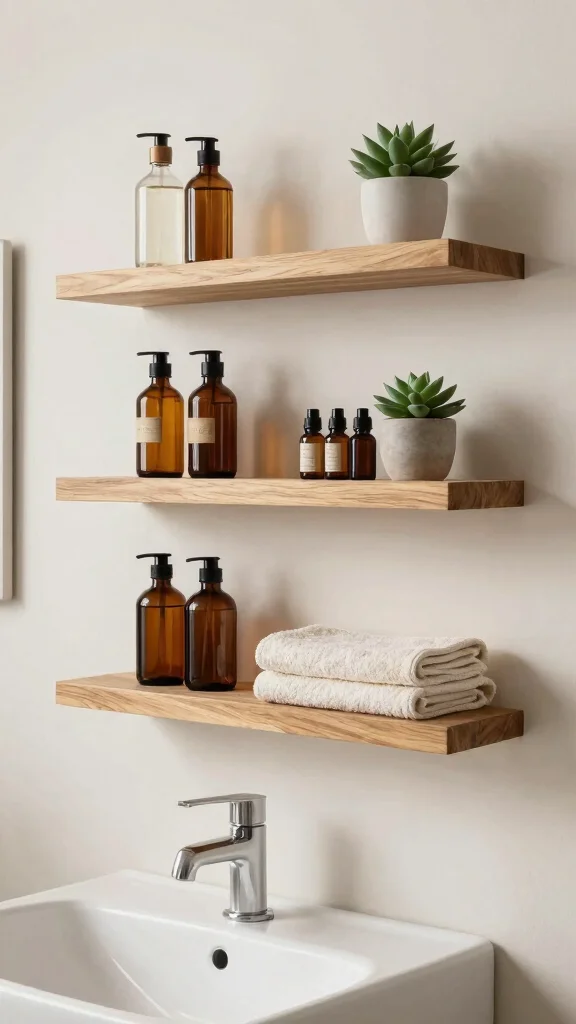 12 Floating Shelf Bathroom Decor Ideas for a Minimal Airy Display - 1. Natural Wood Floating Shelves 1