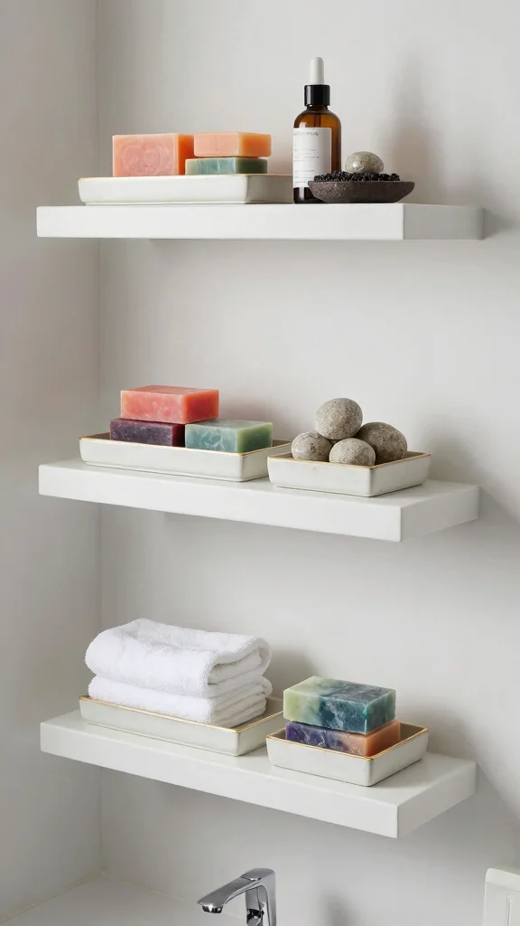 12 Floating Shelf Bathroom Decor Ideas for a Minimal Airy Display - 12. Floating Shelves with Decorative Trays 1
