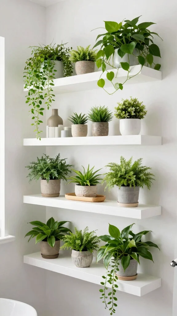 12 Floating Shelf Bathroom Decor Ideas for a Minimal Airy Display - 8. Floating Shelves with Planters 1