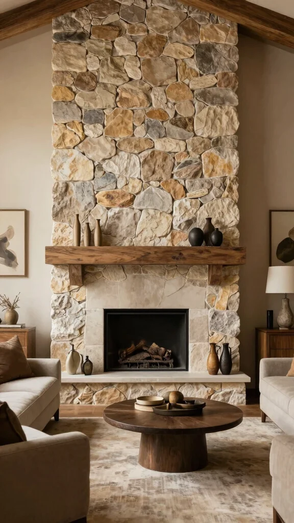 12 Half-Wall Paneling Concepts for the Living Room - 9. Natural Stone Accents 1