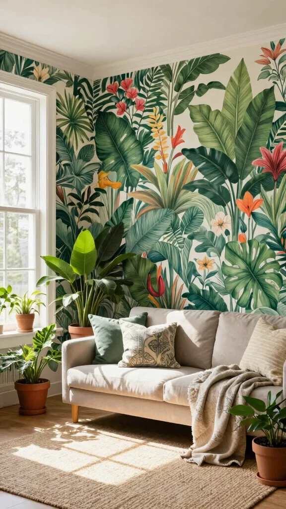 12 Living Room Accent Wall Ideas for Color, Texture, and Drama - 3. Botanical Wallpaper 1