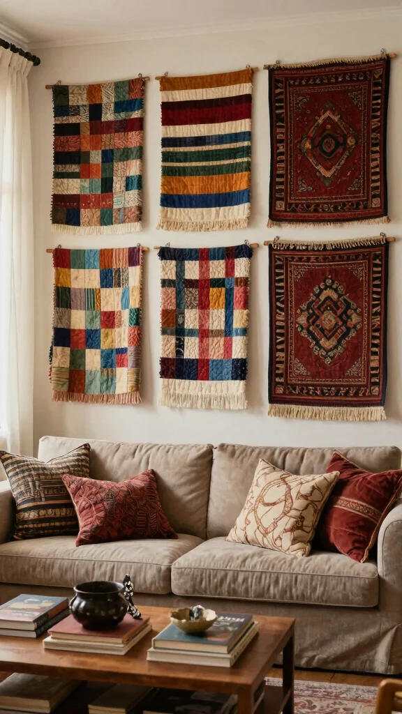 12 Living Room Accent Wall Ideas for Color, Texture, and Drama - 6. Layered Fabrics and Textiles 1