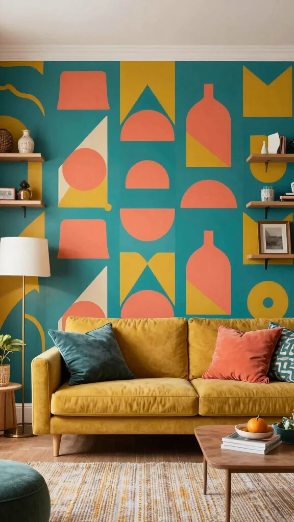 12 Living Room Accent Wall Ideas for Color, Texture, and Drama - 9. Funky Geometric Patterns 1