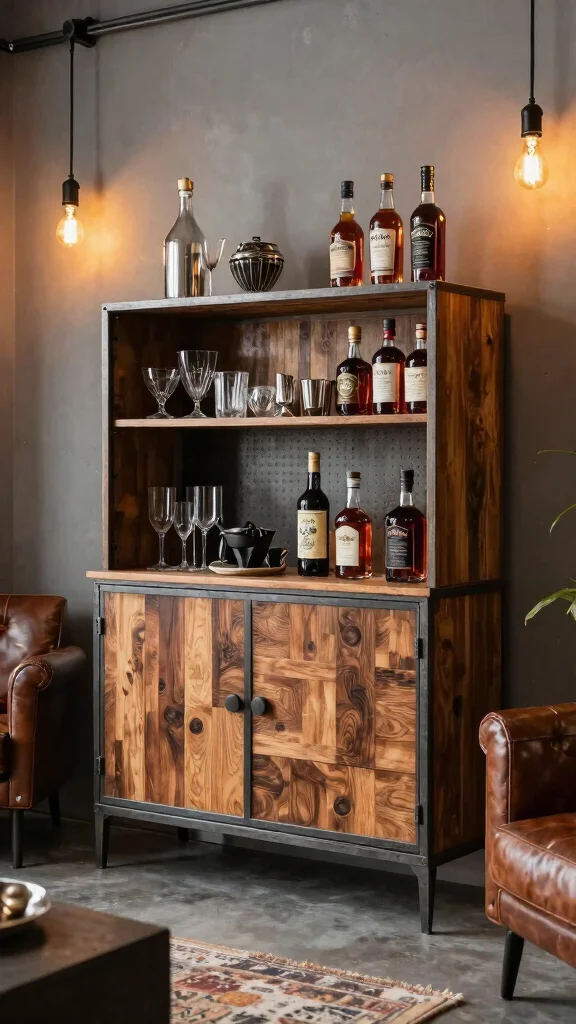 12 Living Room Bar Cabinet Ideas for a Stylish Functional Drinks Station - 11. Industrial Chic Bar Cabinet 1