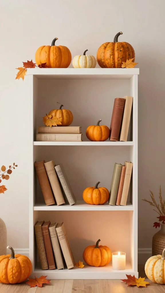 12 Living Room Bookshelf and Bookcase Ideas for a Curated Cozy Display - 10. Seasonal Decor Switch-Up 1