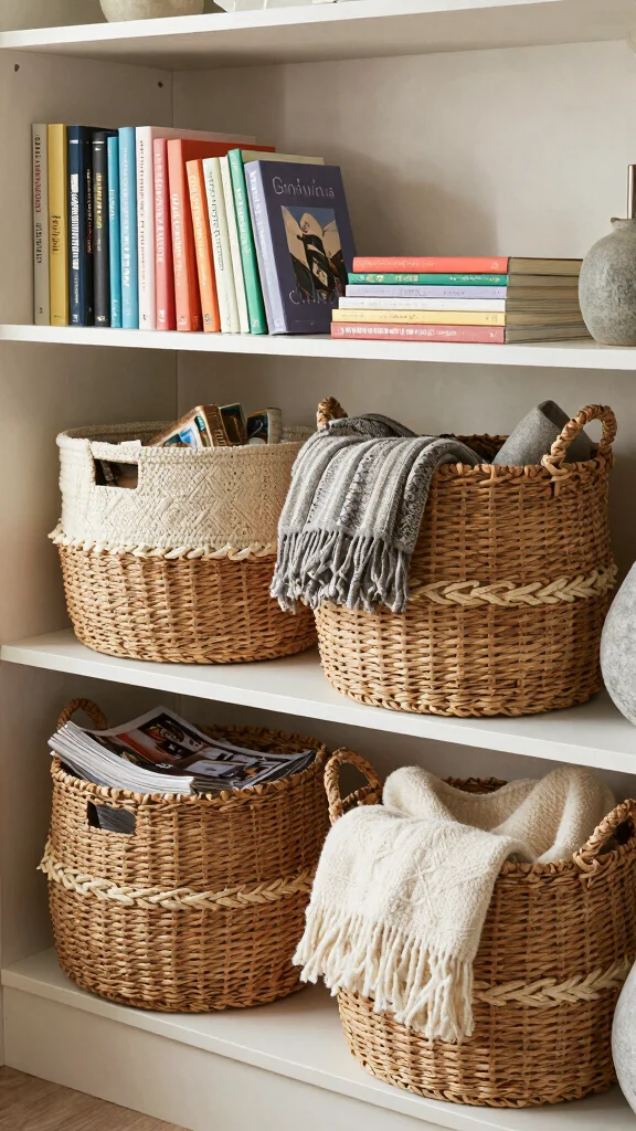 12 Living Room Bookshelf and Bookcase Ideas for a Curated Cozy Display - 5. Use Baskets for Storage 1
