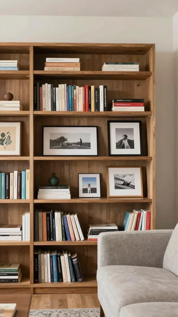 12 Living Room Bookshelf and Bookcase Ideas for a Curated Cozy Display - 7. Personalize with Art and Photos 1