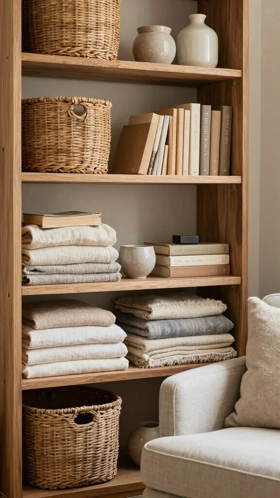 12 Living Room Bookshelf and Bookcase Ideas for a Curated Cozy Display - 8. Layering Textures for Depth 1