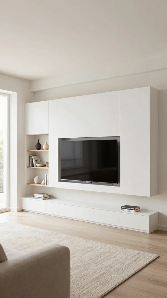 12 Living Room Built-In TV Wall Ideas for a Seamless Custom Look - 1. Elegant White Built-In with Hidden TV 1