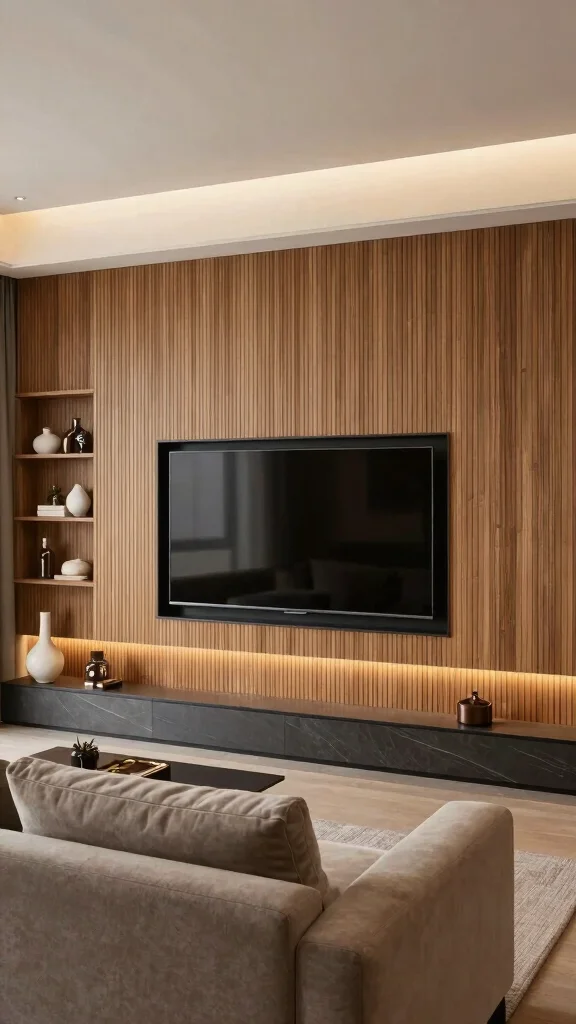 12 Living Room Built-In TV Wall Ideas for a Seamless Custom Look - 10. Textured Wall Panels 1