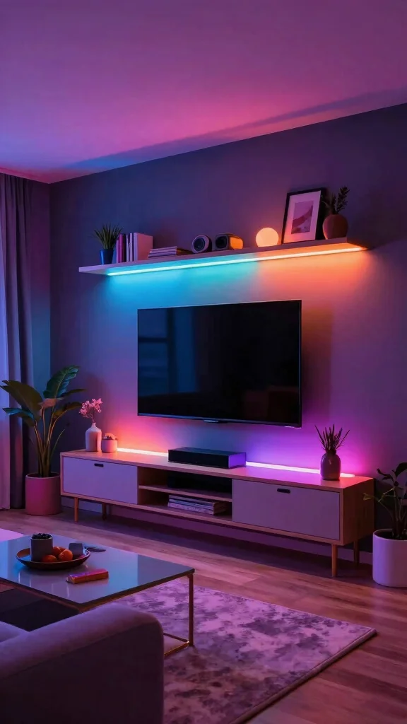 12 Living Room Built-In TV Wall Ideas for a Seamless Custom Look - 11. Colorful LED Lighting 1