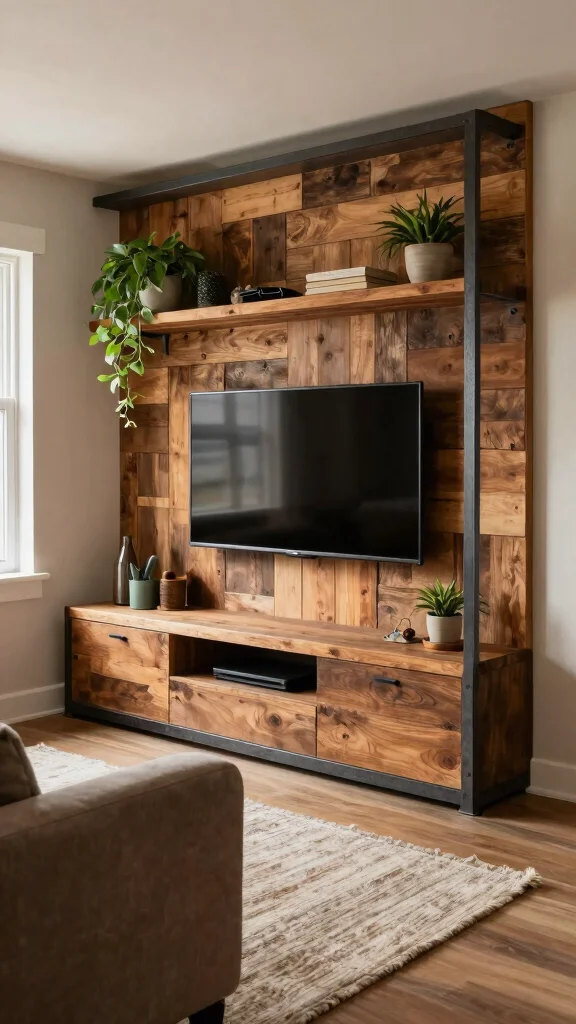 12 Living Room Built-In TV Wall Ideas for a Seamless Custom Look - 2. Rustic Wood and Metal Combination 1