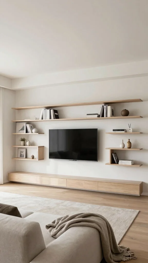 12 Living Room Built-In TV Wall Ideas for a Seamless Custom Look - 3. Minimalist Floating Shelves 1
