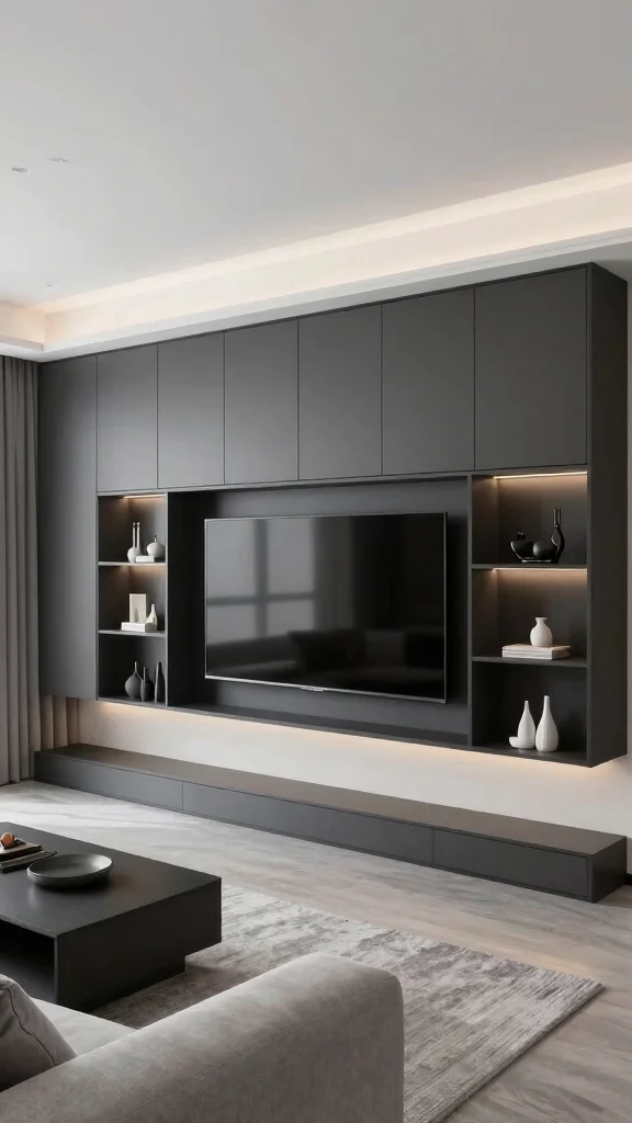 12 Living Room Built-In TV Wall Ideas for a Seamless Custom Look - 4. Monochrome Mystery 1