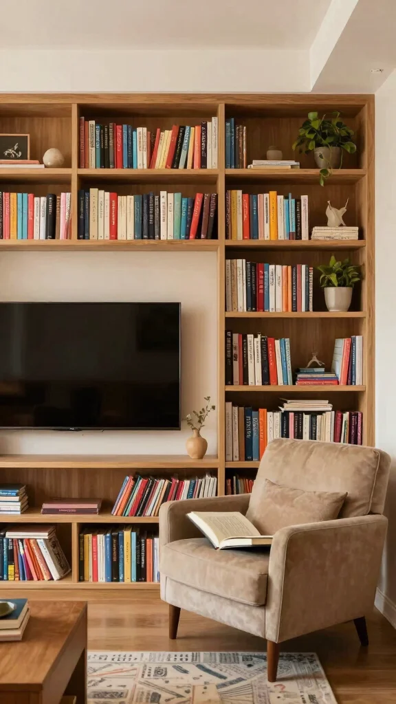 12 Living Room Built-In TV Wall Ideas for a Seamless Custom Look - 7. Cozy Library Nook 1