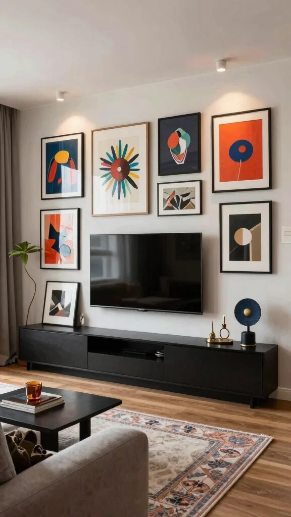 12 Living Room Built-In TV Wall Ideas for a Seamless Custom Look - 9. Functional Artsy Walls 1