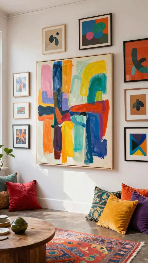12 Living Room Gallery Wall Ideas for a Curated Personal Display - 3. Colourful Statement Art 1