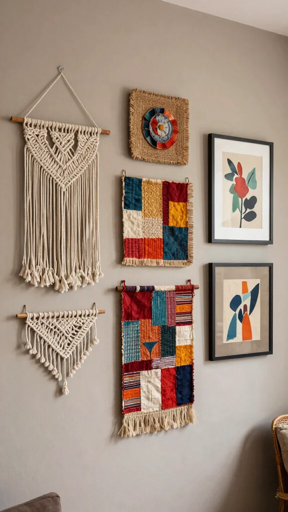 12 Living Room Gallery Wall Ideas for a Curated Personal Display - 4. Textured Wall Hangings 1
