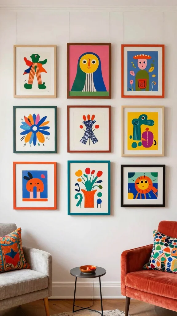 12 Living Room Gallery Wall Ideas for a Curated Personal Display - 8. Embrace Whimsical Art 1