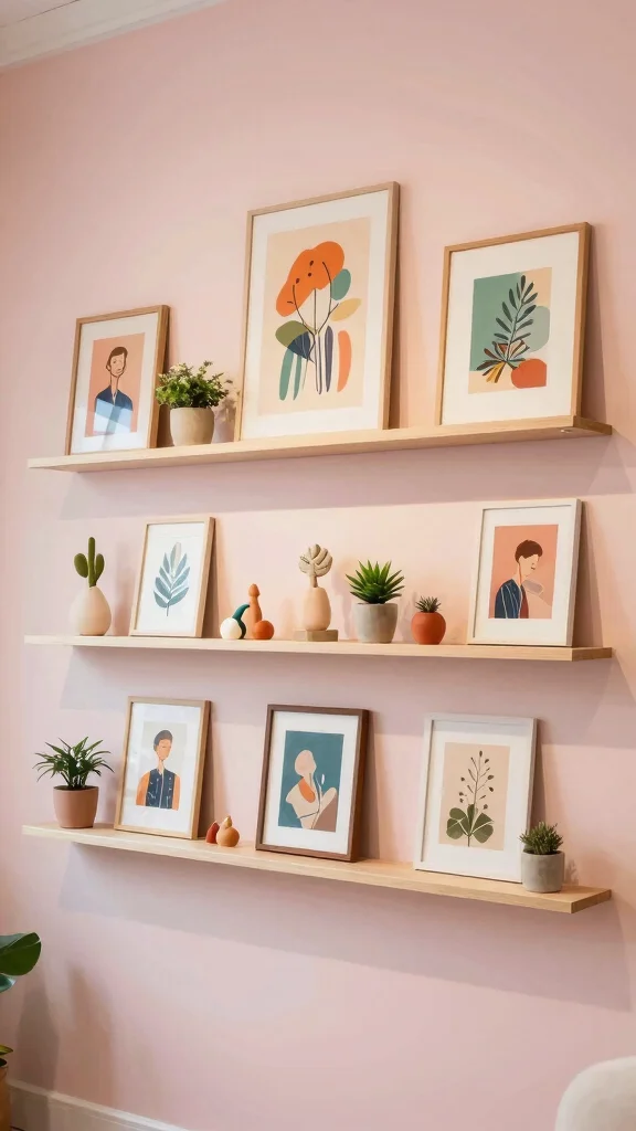 12 Living Room Gallery Wall Ideas for a Curated Personal Display - 9. Use Wall Shelves for Display 1