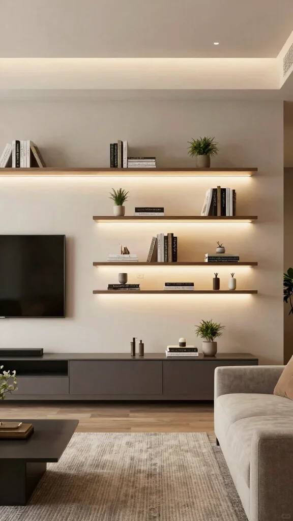 12 Living Room Media Wall Ideas for a Bold Built-In Statement - 1. Sleek Floating Shelves with Integrated Lighting 1