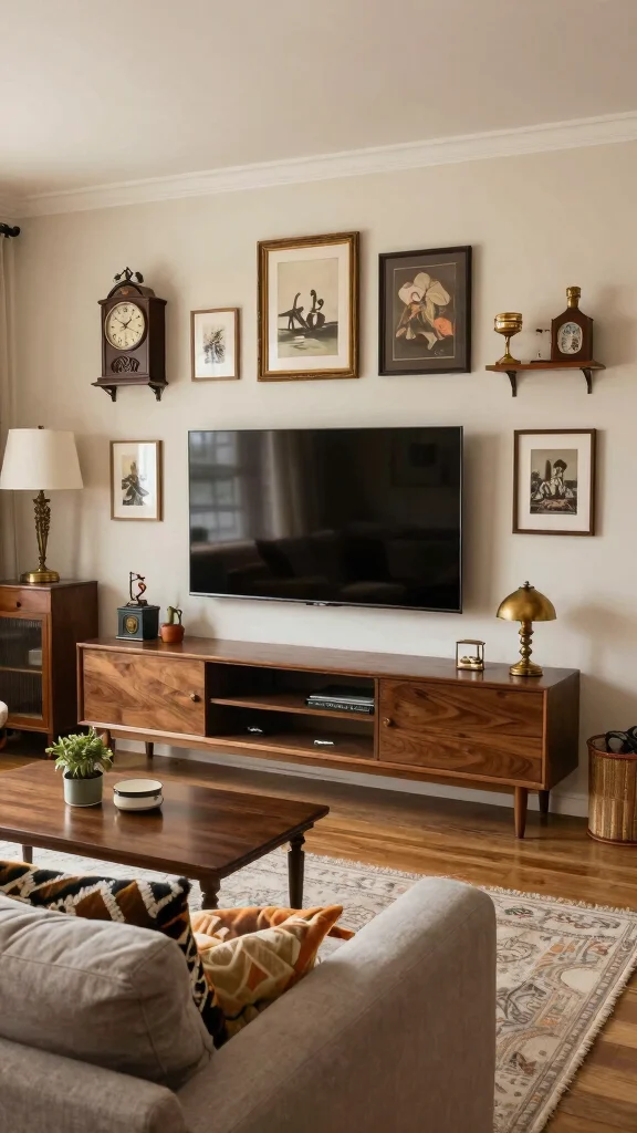 12 Living Room Media Wall Ideas for a Bold Built-In Statement - 11. Vintage Accents in a Modern Media Wall 1