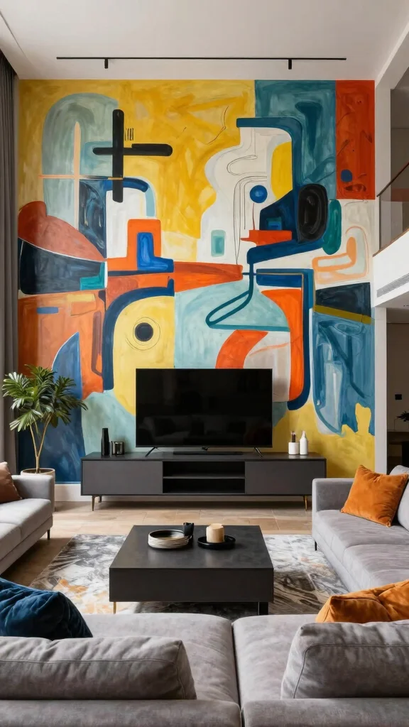 12 Living Room Media Wall Ideas for a Bold Built-In Statement - 3. Artistic Wall Mural Behind the Media Wall 1