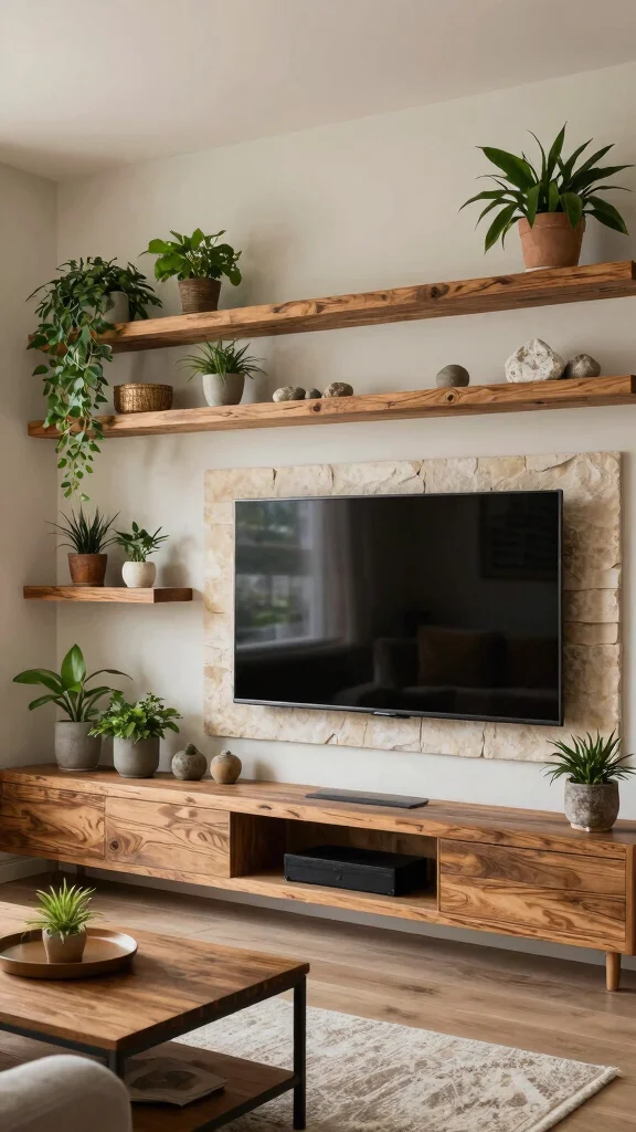 12 Living Room Media Wall Ideas for a Bold Built-In Statement - 6. Incorporating Natural Elements 1