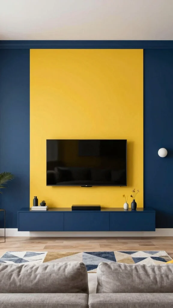 12 Living Room Media Wall Ideas for a Bold Built-In Statement - 7. Modern Minimalist Color Blocking 1