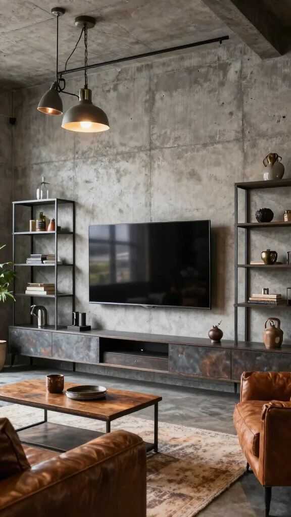 12 Living Room Media Wall Ideas for a Bold Built-In Statement - 8. Industrial-Inspired Media Walls 1