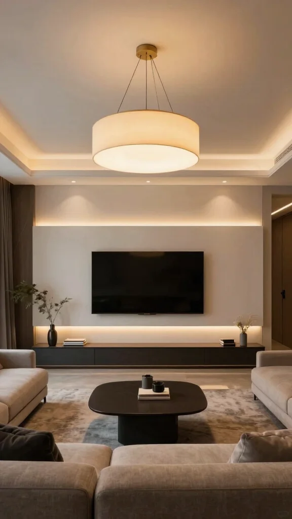 12 Living Room Media Wall Ideas for a Bold Built-In Statement - 9. Statement Lighting Above the Media Wall 1