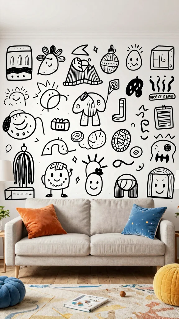 12 Living Room Mural Ideas for a Bold Artistic One-of-a-Kind Wall - 10. Hand-Drawn Doodles 1