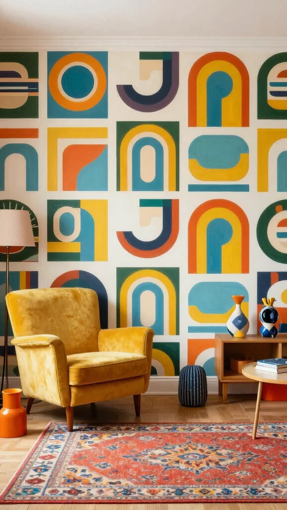 12 Living Room Mural Ideas for a Bold Artistic One-of-a-Kind Wall - 12. Retro Patterns 1