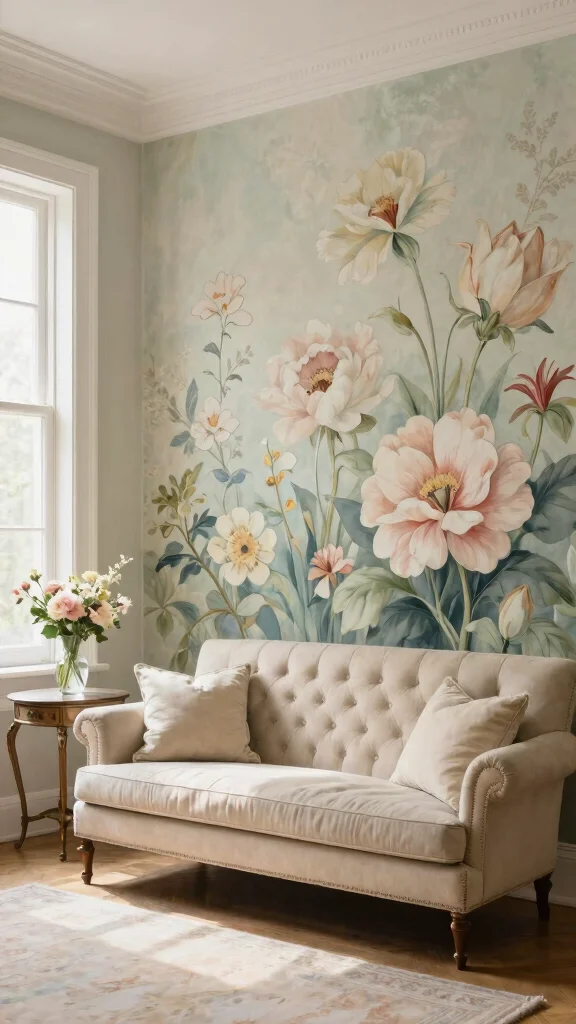 12 Living Room Mural Ideas for a Bold Artistic One-of-a-Kind Wall - 4. Vintage Floral 1