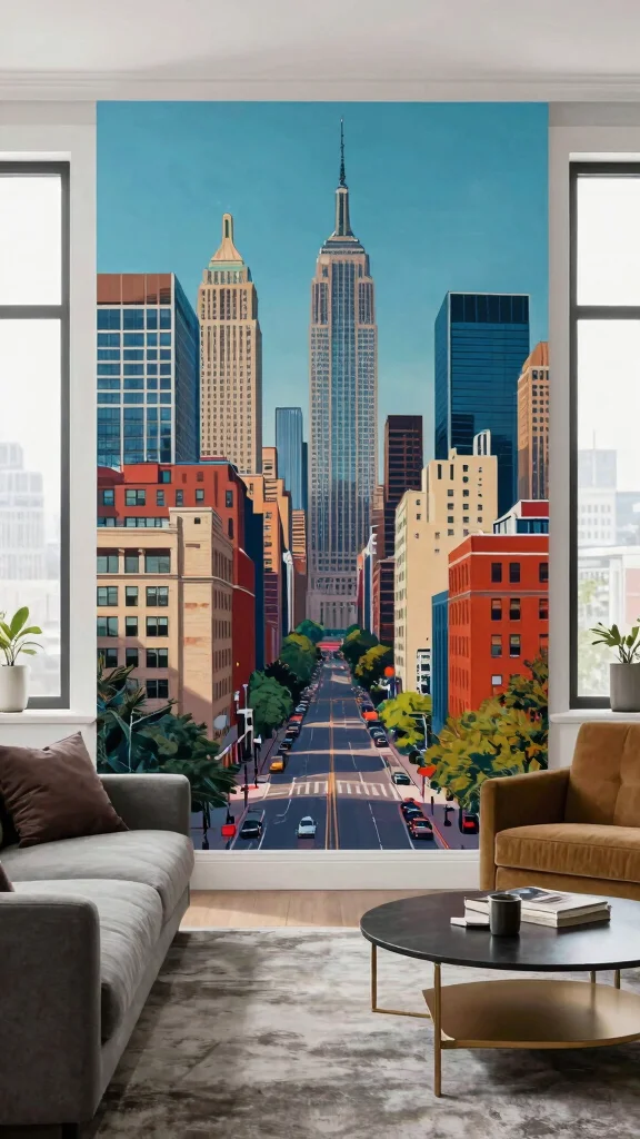 12 Living Room Mural Ideas for a Bold Artistic One-of-a-Kind Wall - 5. Urban Cityscape 1