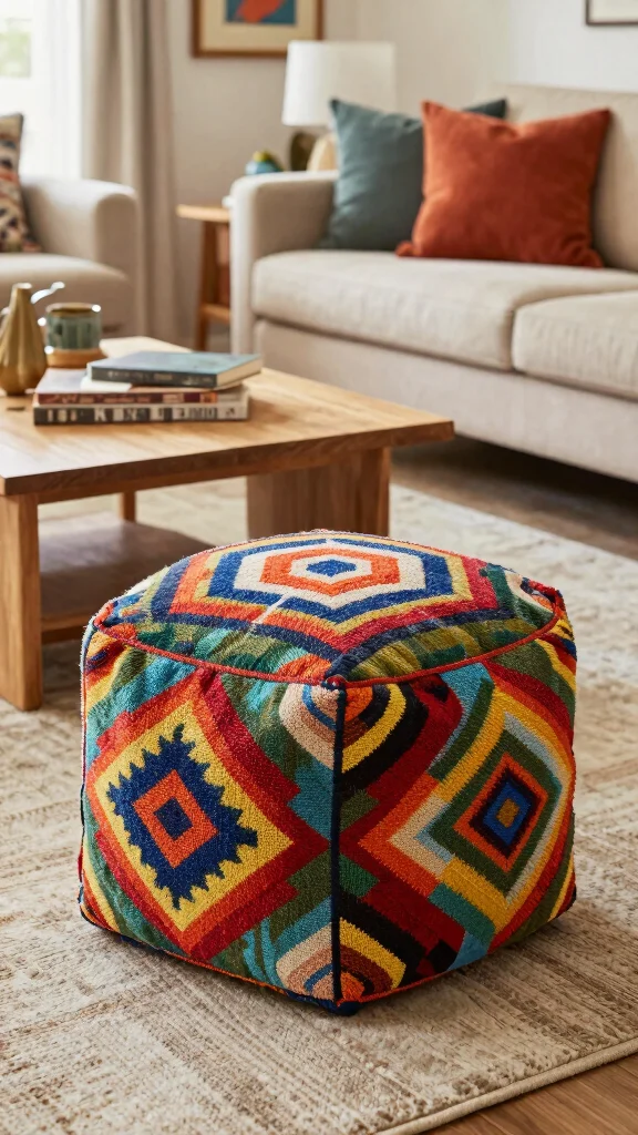 12 Living Room Ottoman Ideas for Extra Seating, Storage, and Style - 12. The Artistic Ottoman 1