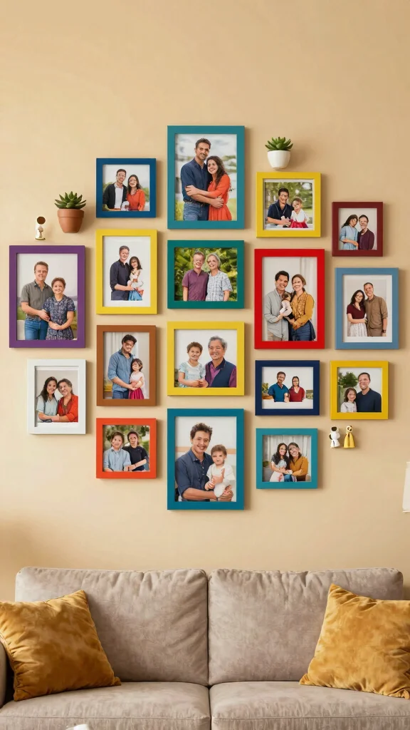 12 Living Room Photo Wall Ideas for a Meaningful Layered Display - 1. Colorful Frame Collage 1