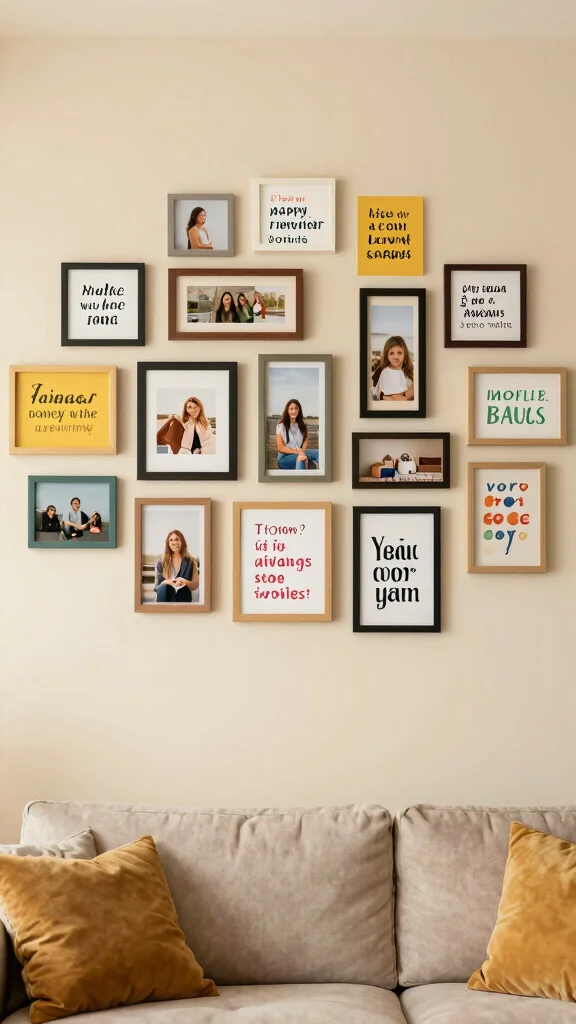 12 Living Room Photo Wall Ideas for a Meaningful Layered Display - 10. Inspirational Quote and Photo Pairing 1