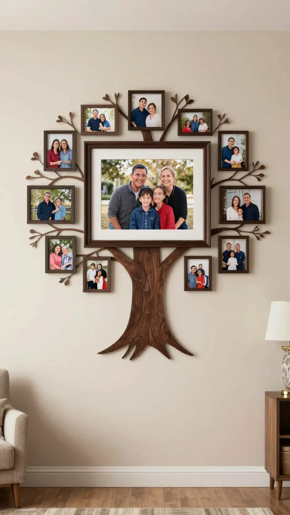 12 Living Room Photo Wall Ideas for a Meaningful Layered Display - 12. Family Tree Photo Wall 1